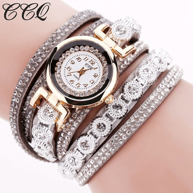 CCq Mode Luksus Rhinestone Pu Læder Band Kvinder Quartz Armbånd Ur