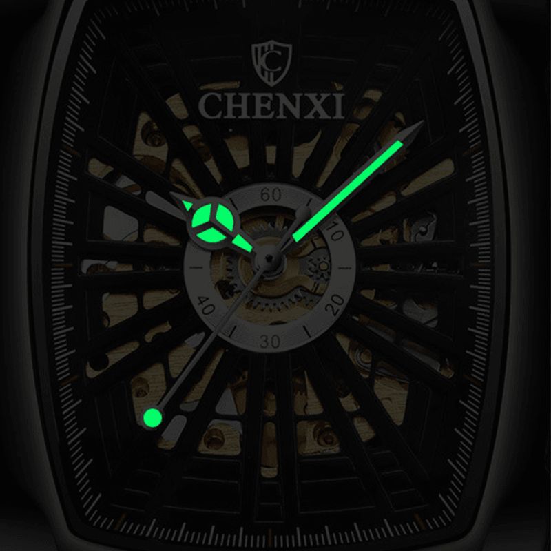 Chenxi Business Casual Skeleton Dial Pu Læder Bånd Vandtæt Mænd Automatisk Mekanisk Ur Armbåndsur