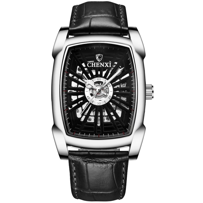 Chenxi Business Casual Skeleton Dial Pu Læder Bånd Vandtæt Mænd Automatisk Mekanisk Ur Armbåndsur