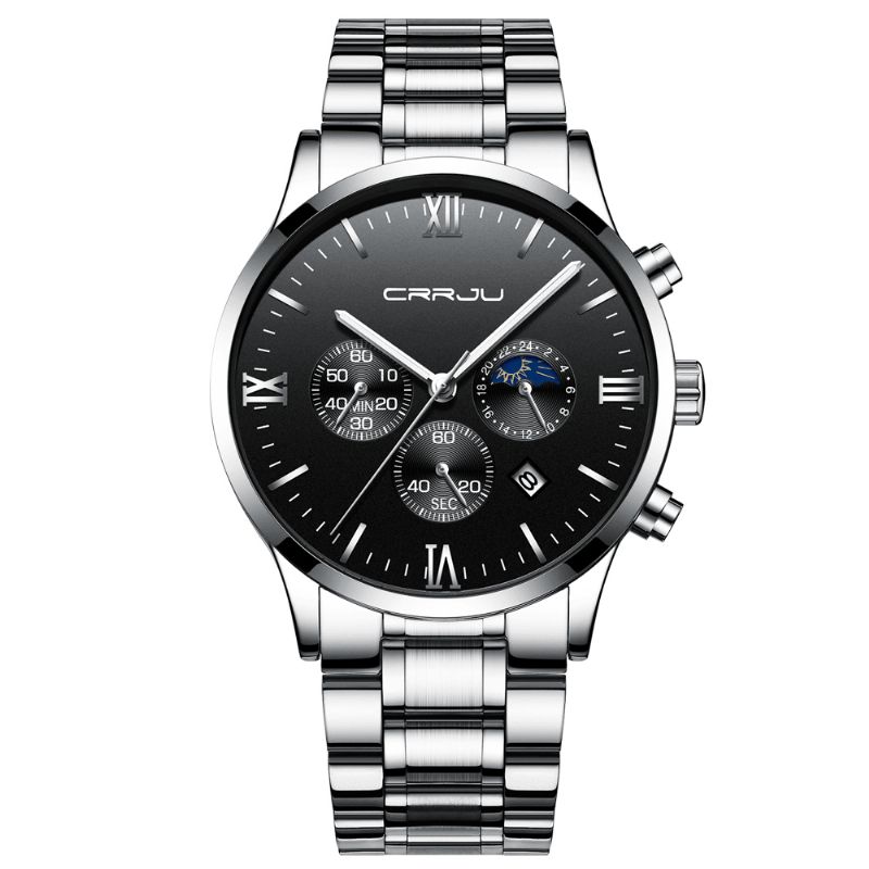 Crrju 2159 Creative Sun Moon Mænd Business Style Chrono 316L Rustfrit Stålrem Quartz ur