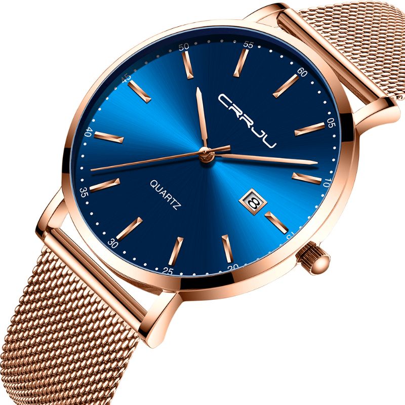 Crrju 2161 Business Style Dato Display Luksus Blue Dial Fuld Stålrem Herre Quartz ur