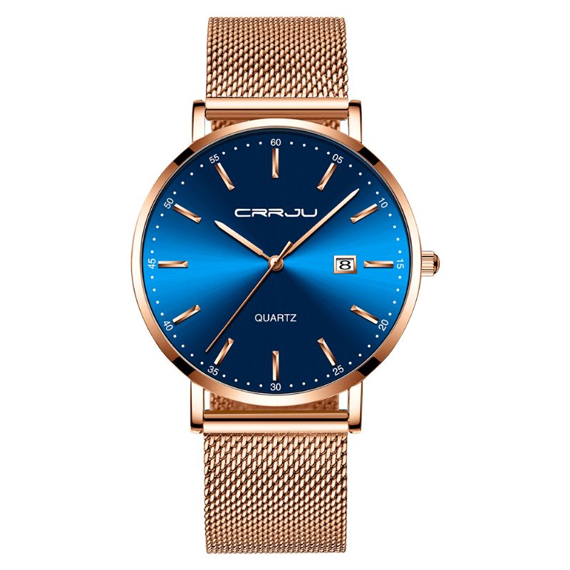 Crrju 2161 Business Style Dato Display Luksus Blue Dial Fuld Stålrem Herre Quartz ur