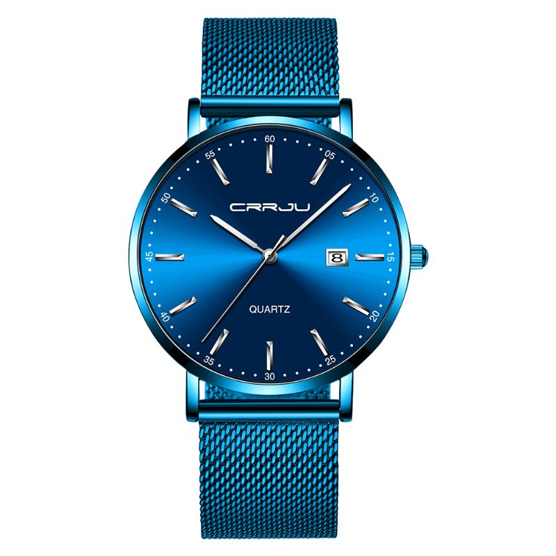 Crrju 2161 Business Style Dato Display Luksus Blue Dial Fuld Stålrem Herre Quartz ur