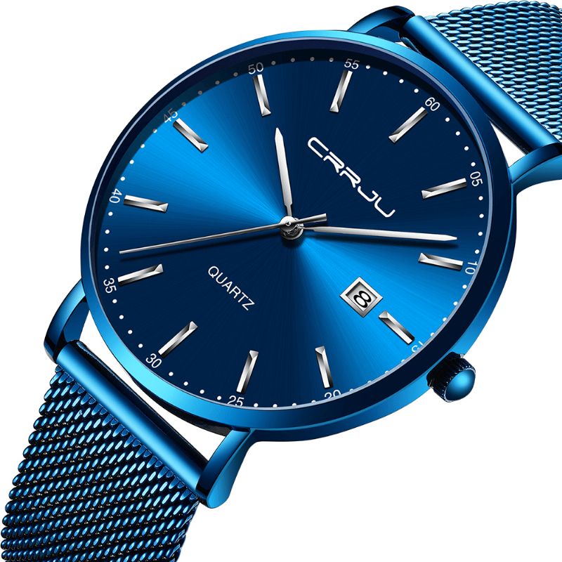 Crrju 2161 Business Style Dato Display Luksus Blue Dial Fuld Stålrem Herre Quartz ur