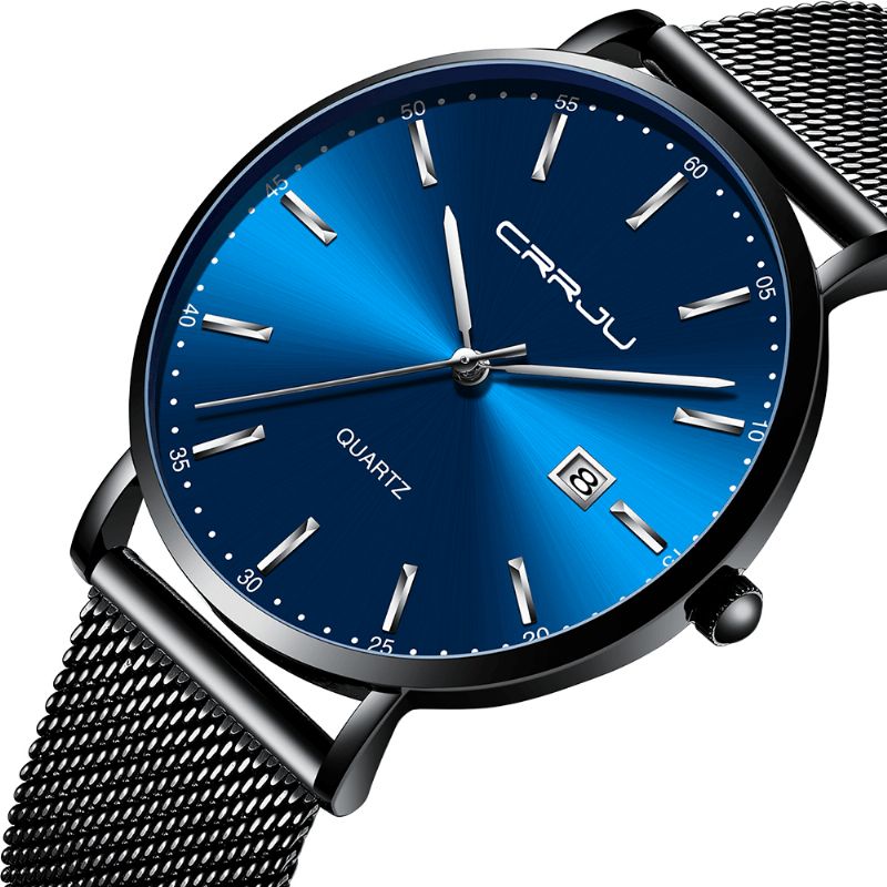 Crrju 2161 Business Style Dato Display Luksus Blue Dial Fuld Stålrem Herre Quartz ur