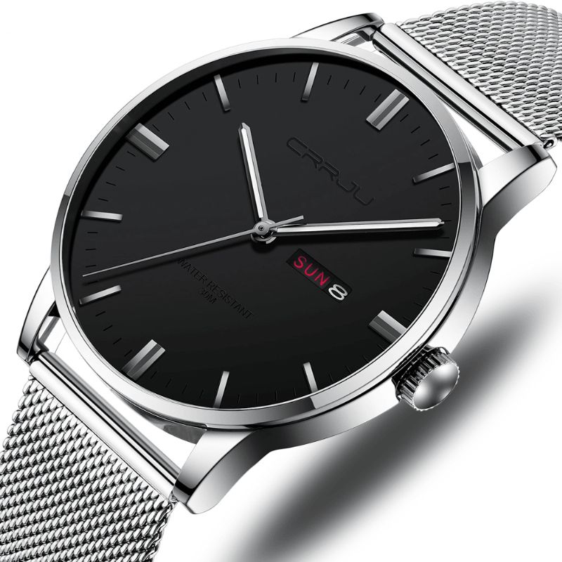 Crrju 2168 Mode Mesh Stål Dato Uge Lysende Display Casual Simple Dial Mænd Quartz ur