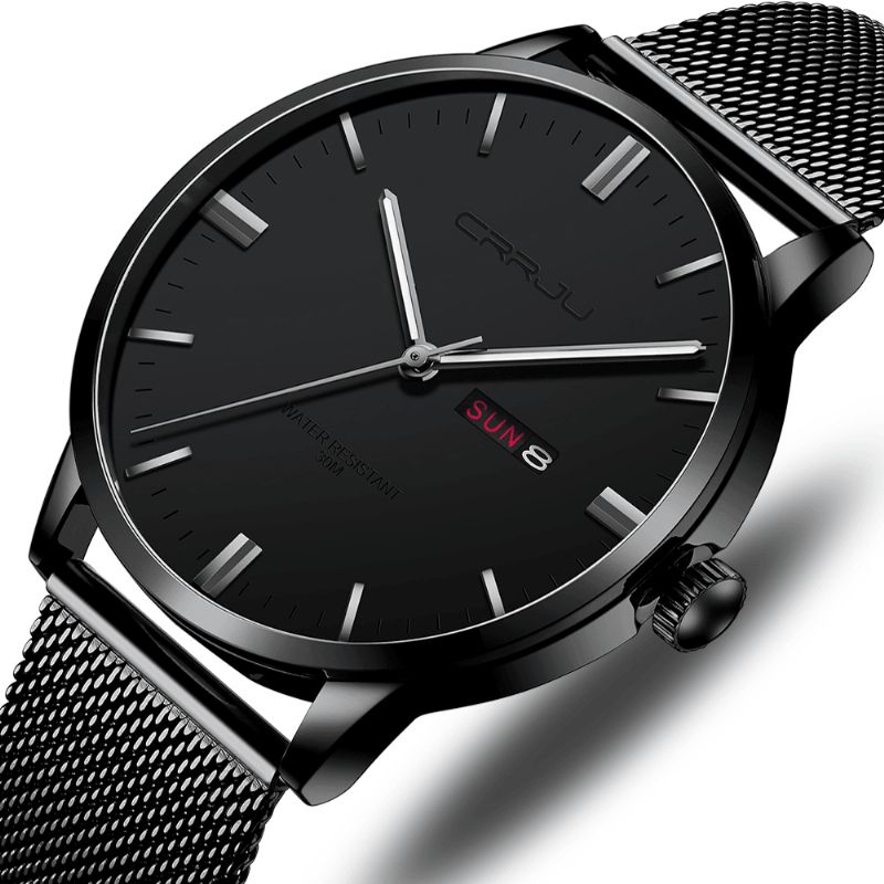 Crrju 2168 Mode Mesh Stål Dato Uge Lysende Display Casual Simple Dial Mænd Quartz ur