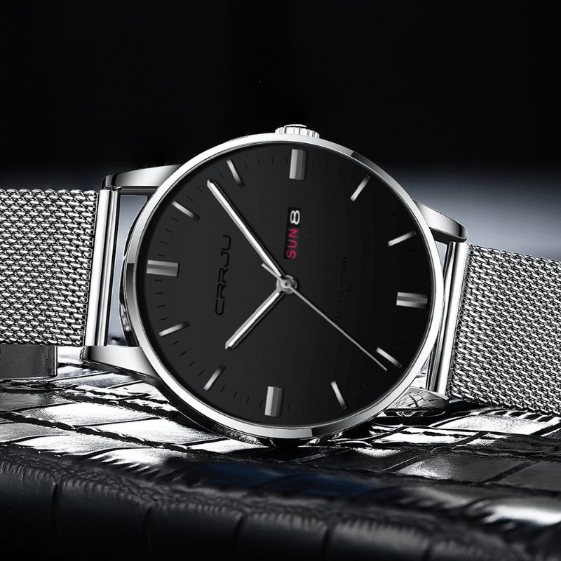 Crrju 2168 Mode Mesh Stål Dato Uge Lysende Display Casual Simple Dial Mænd Quartz ur