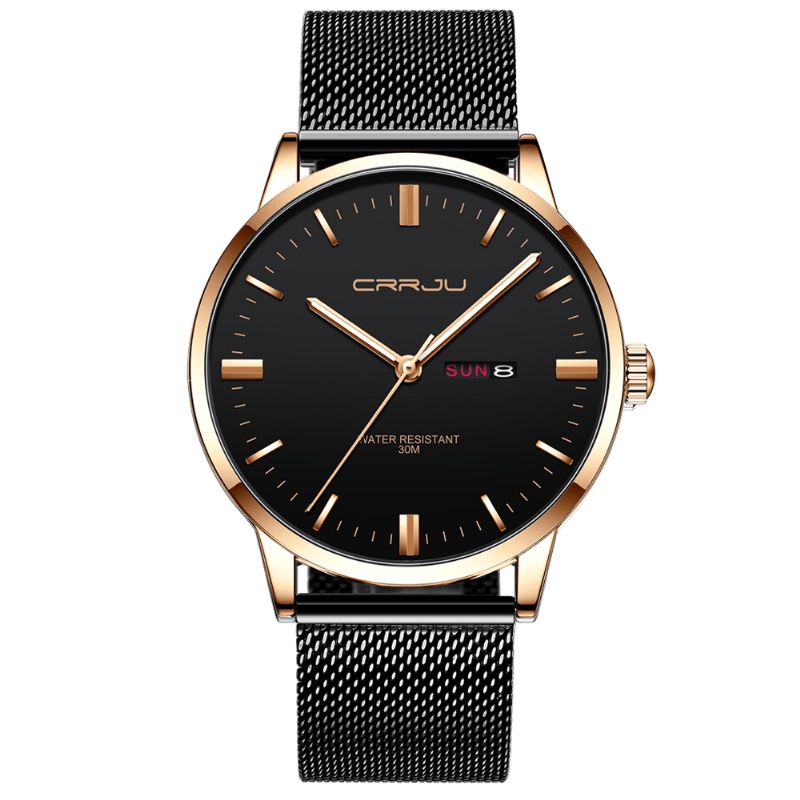 Crrju 2168 Mode Mesh Stål Dato Uge Lysende Display Casual Simple Dial Mænd Quartz ur