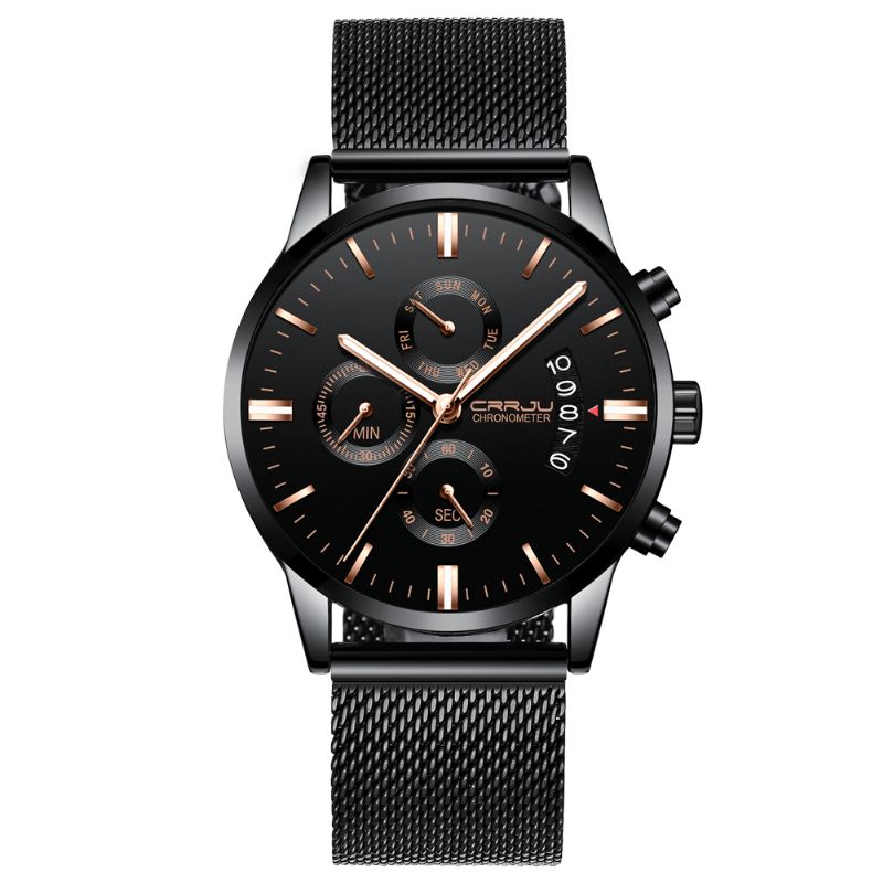 Crrju 2222 Business Style Black Mesh Bælte Mænd Mode Fuld Stålrem Lysende Display Quartz ur