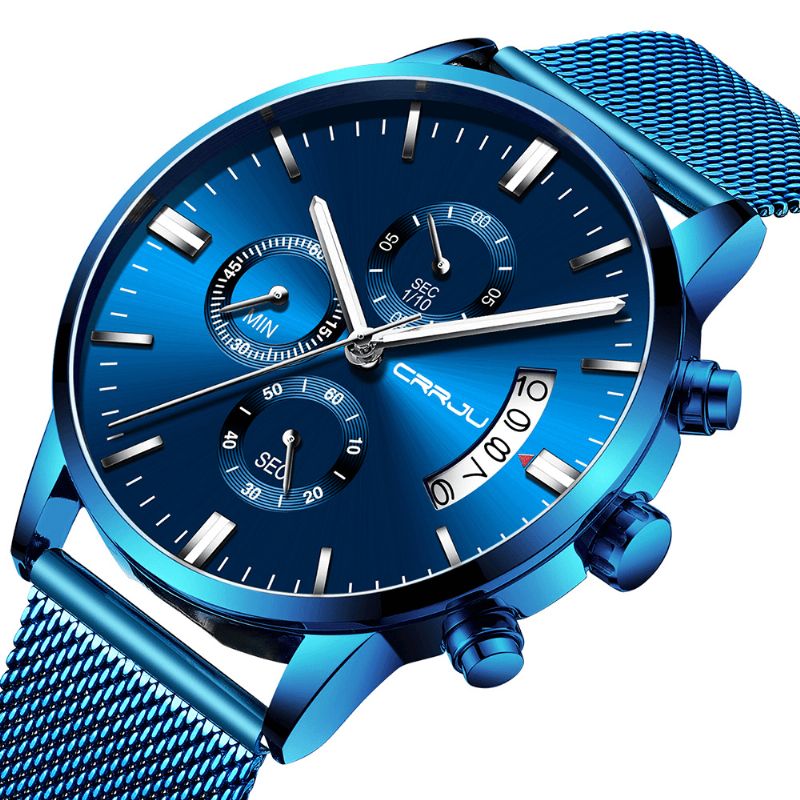 Crrju 2273 Mænd Mode Blue Dial Full Mesh Stålrem Sportur Vandtæt Quartz ur