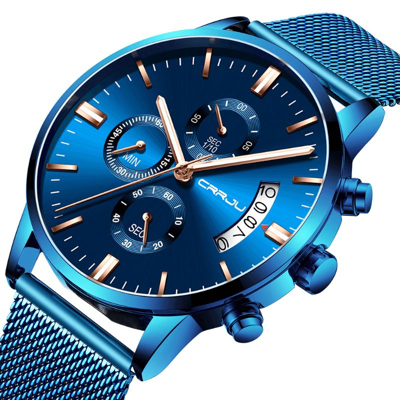 Crrju 2273 Mænd Mode Blue Dial Full Mesh Stålrem Sportur Vandtæt Quartz ur