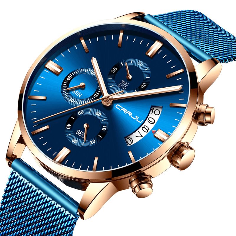 Crrju 2273 Mænd Mode Blue Dial Full Mesh Stålrem Sportur Vandtæt Quartz ur