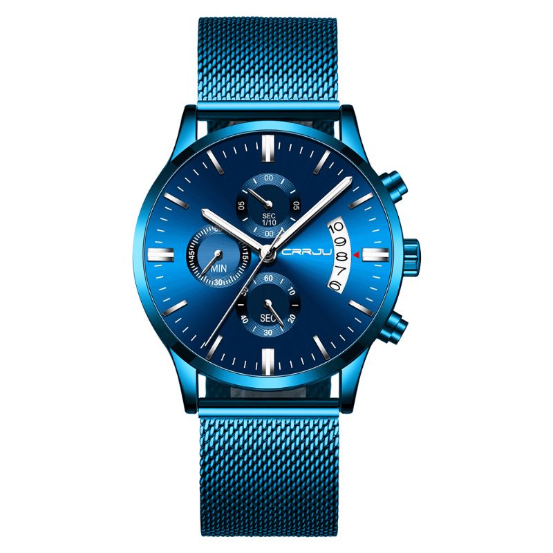 Crrju 2273 Mænd Mode Blue Dial Full Mesh Stålrem Sportur Vandtæt Quartz ur