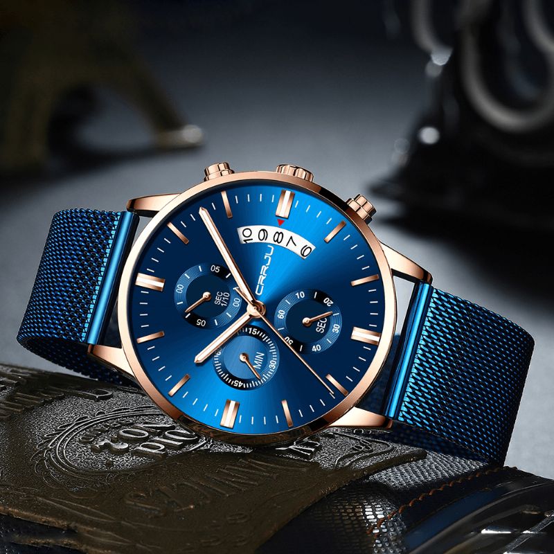 Crrju 2273 Mænd Mode Blue Dial Full Mesh Stålrem Sportur Vandtæt Quartz ur