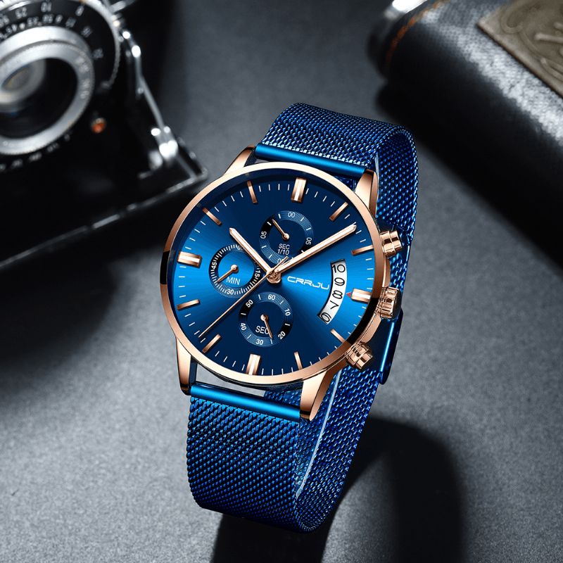 Crrju 2273 Mænd Mode Blue Dial Full Mesh Stålrem Sportur Vandtæt Quartz ur