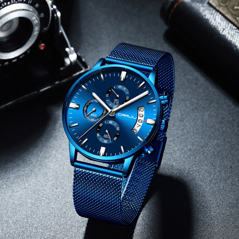 Crrju 2273 Mænd Mode Blue Dial Full Mesh Stålrem Sportur Vandtæt Quartz ur