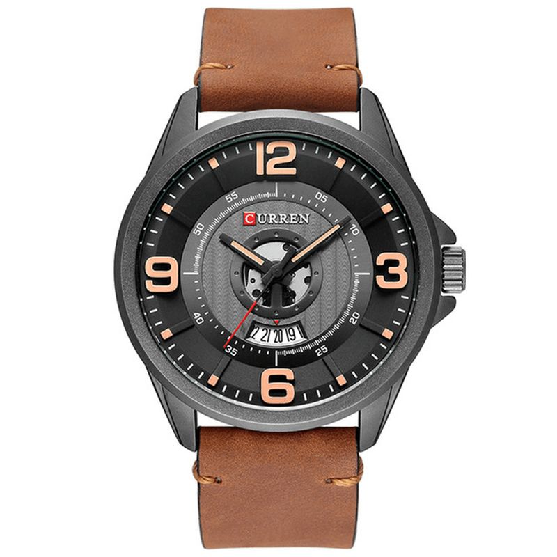 Curren 8305 3D-Nummerdesign Herrearmbåndsur Datovisning Læderrem Kvartsur