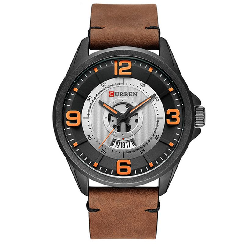 Curren 8305 3D-Nummerdesign Herrearmbåndsur Datovisning Læderrem Kvartsur