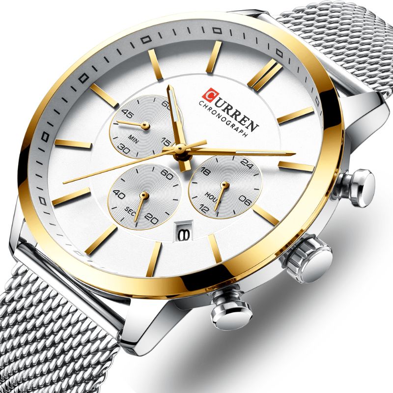 Curren 8340 Chronograph Calendar Mænd Armbåndsur Mesh Steel Band Quartz ur