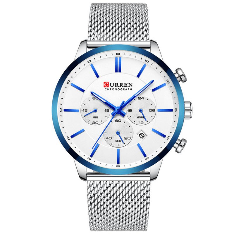 Curren 8340 Chronograph Calendar Mænd Armbåndsur Mesh Steel Band Quartz ur