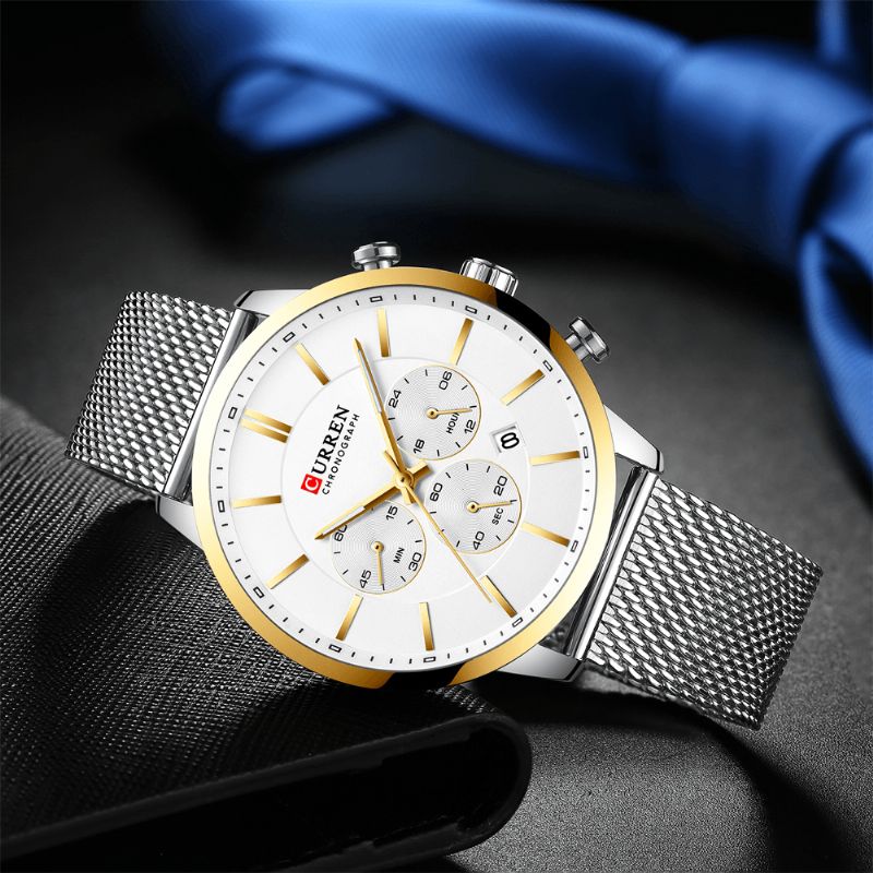 Curren 8340 Chronograph Calendar Mænd Armbåndsur Mesh Steel Band Quartz ur