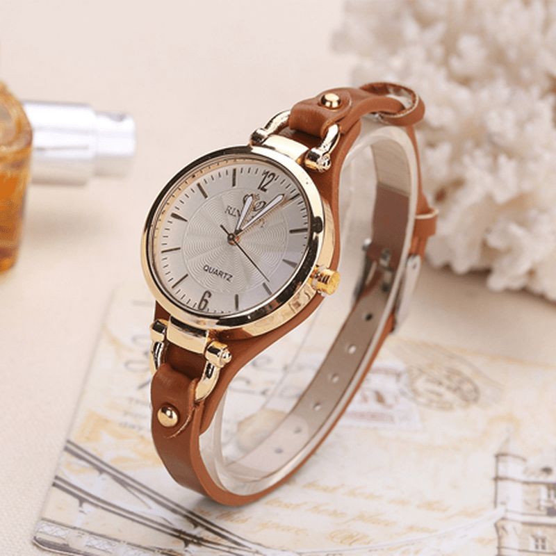 Deffrun Casual Style Farverige Gold Case Dame Armbåndsur Pu Læder Quartz Ure