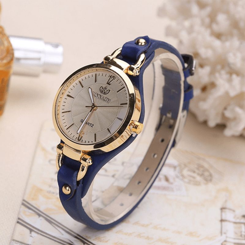 Deffrun Casual Style Farverige Gold Case Dame Armbåndsur Pu Læder Quartz Ure