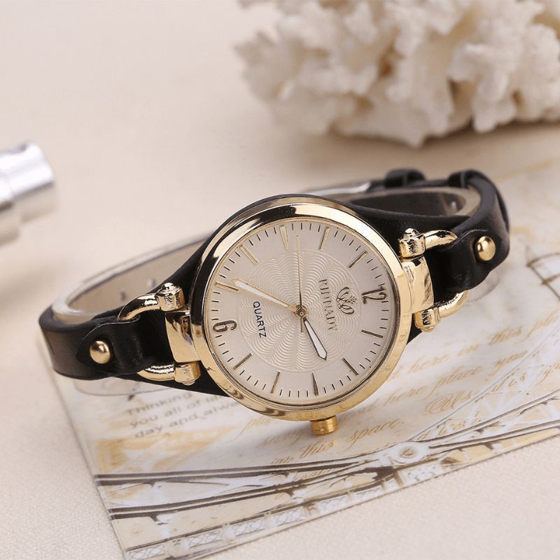 Deffrun Casual Style Farverige Gold Case Dame Armbåndsur Pu Læder Quartz Ure