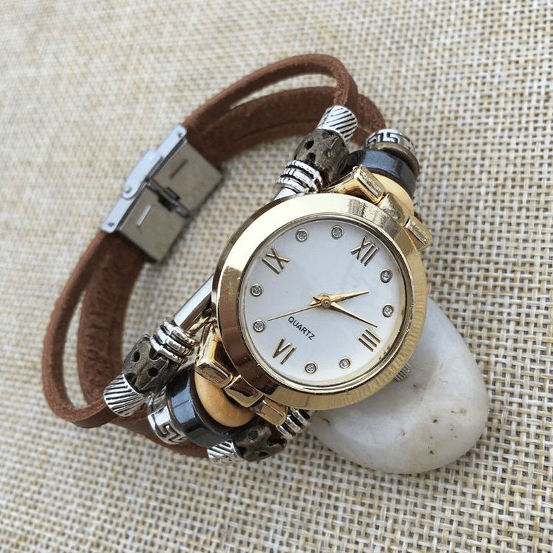 Deffrun Casual Style Multilayer Mænd Armbånd Watch Romertal Aloy Dial Quartz ur