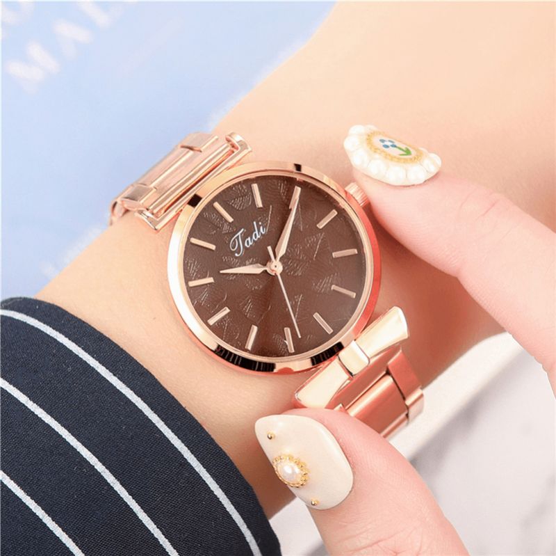 Deffrun Elegant Design No Number Dial Casual Dame Armbåndsur Rose Gold Urkasse Fuld Legering Quartz ur