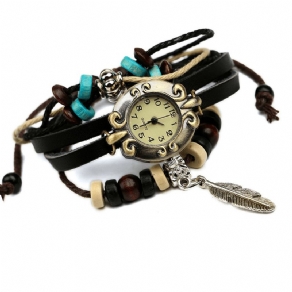 Deffrun Multilayer Cow Leather Band Armbåndsur Bladvedhæng Lille Urskive Kvartsur