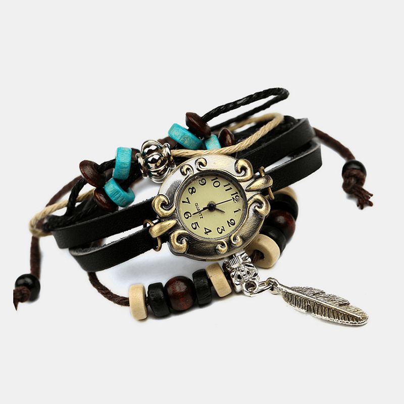 Deffrun Multilayer Cow Leather Band Armbåndsur Bladvedhæng Lille Urskive Kvartsur