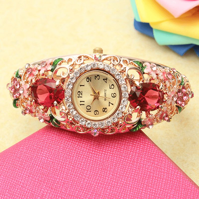 Deffrun Retro Style Dame Armbånd Watch Flower Diamond Quartz ur