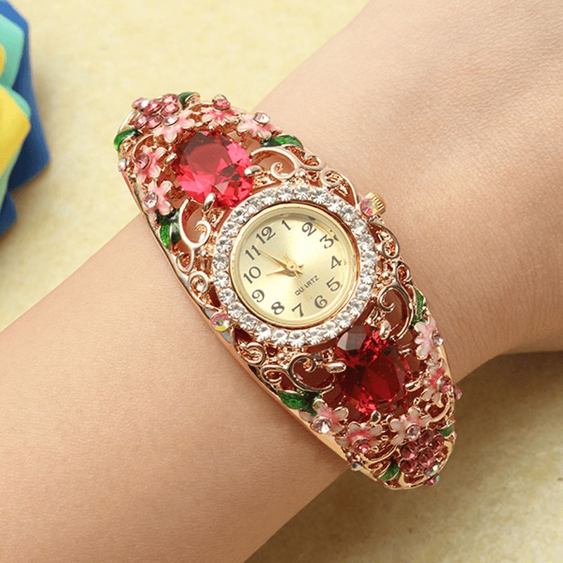 Deffrun Retro Style Dame Armbånd Watch Flower Diamond Quartz ur