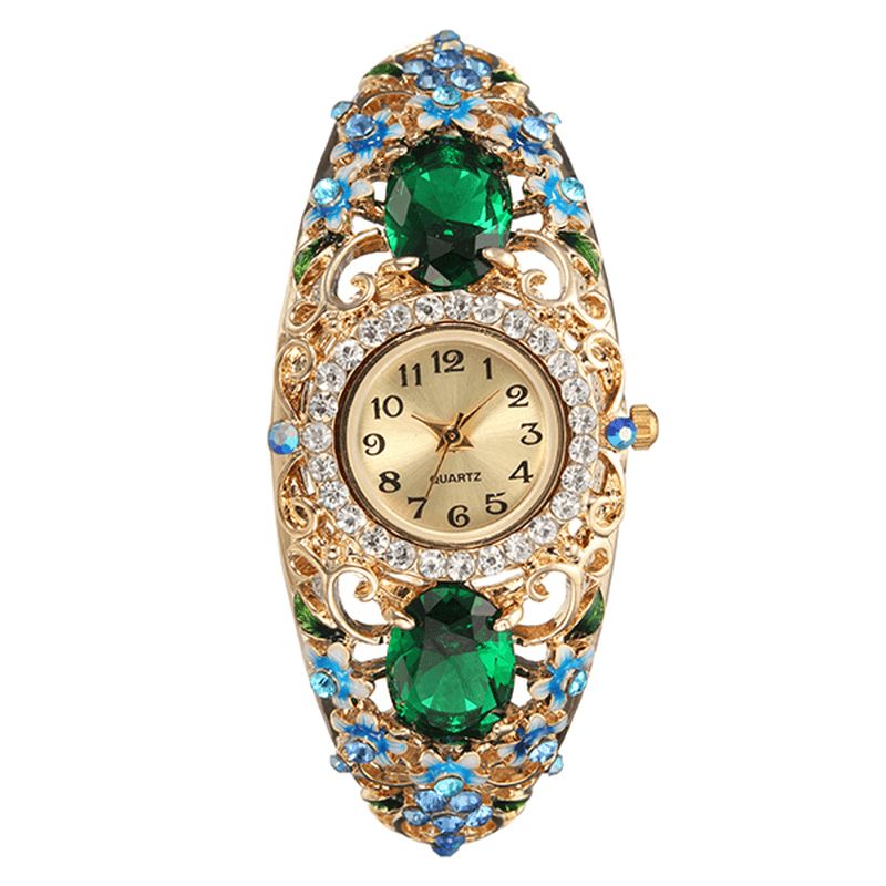 Deffrun Retro Style Dame Armbånd Watch Flower Diamond Quartz ur