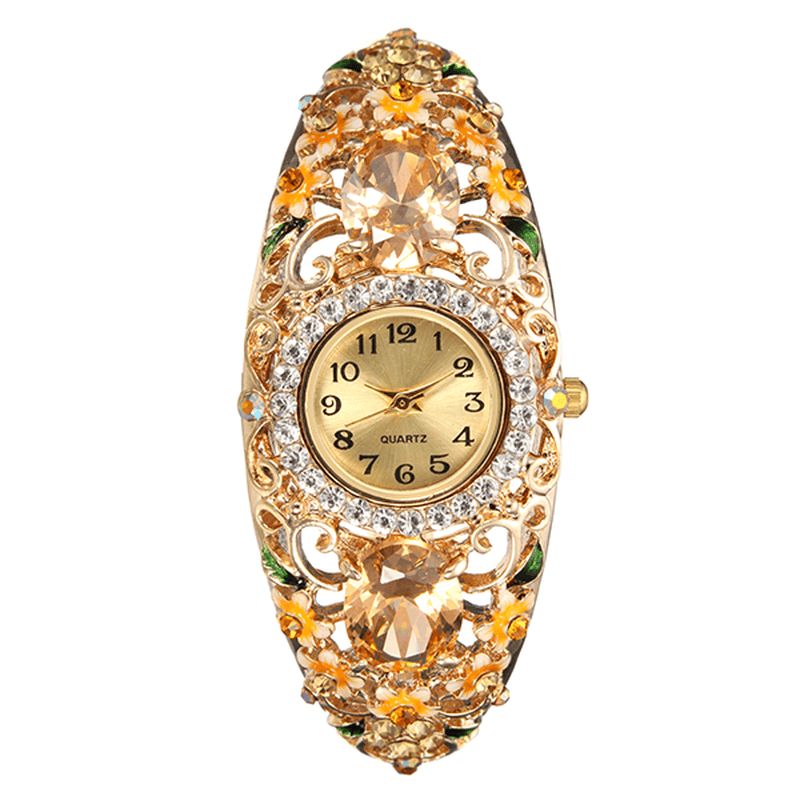 Deffrun Retro Style Dame Armbånd Watch Flower Diamond Quartz ur