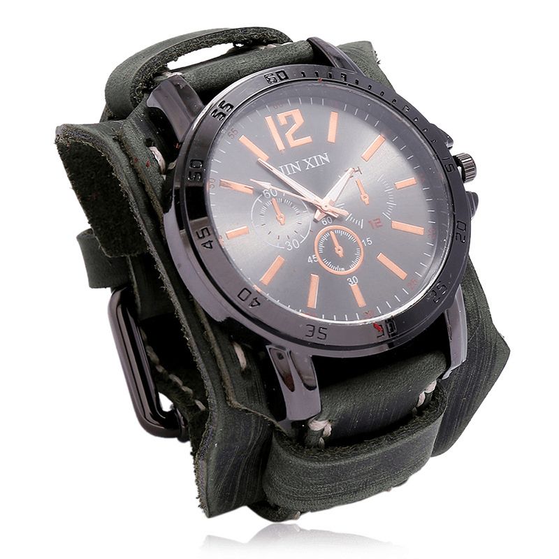 Deffrun Retro Style Dekorative Three Dial Quartz ur Kohud Læder Band Herre Armbåndsur