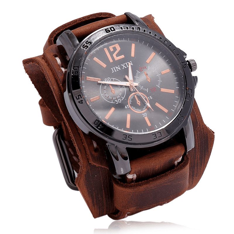 Deffrun Retro Style Dekorative Three Dial Quartz ur Kohud Læder Band Herre Armbåndsur