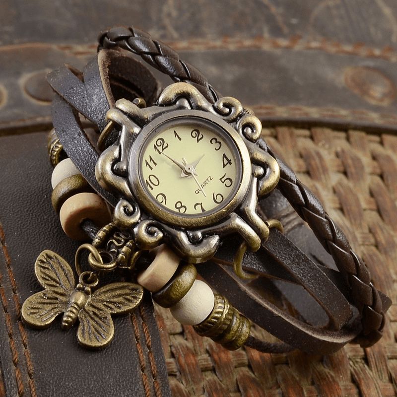 Deffrun Retro Style Multilayer Kvinder Armbånd Watch Butterfly Pendant Quartz Ure