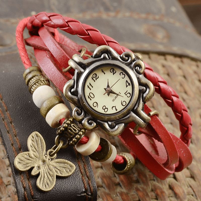 Deffrun Retro Style Multilayer Kvinder Armbånd Watch Butterfly Pendant Quartz Ure