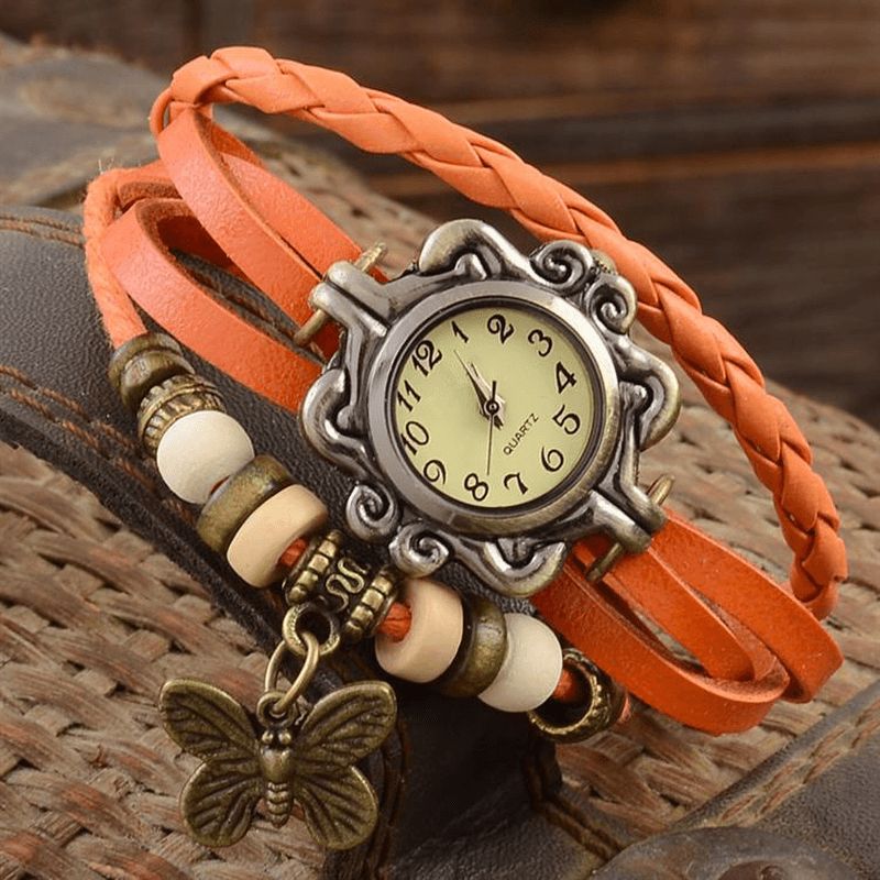 Deffrun Retro Style Multilayer Kvinder Armbånd Watch Butterfly Pendant Quartz Ure