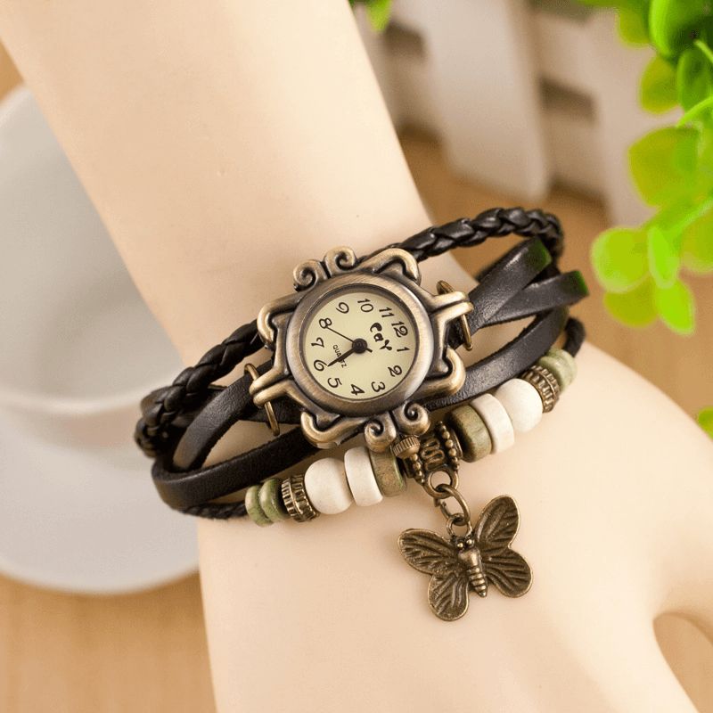 Deffrun Retro Style Multilayer Kvinder Armbånd Watch Butterfly Pendant Quartz Ure