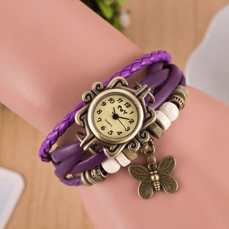 Deffrun Retro Style Multilayer Kvinder Armbånd Watch Butterfly Pendant Quartz Ure