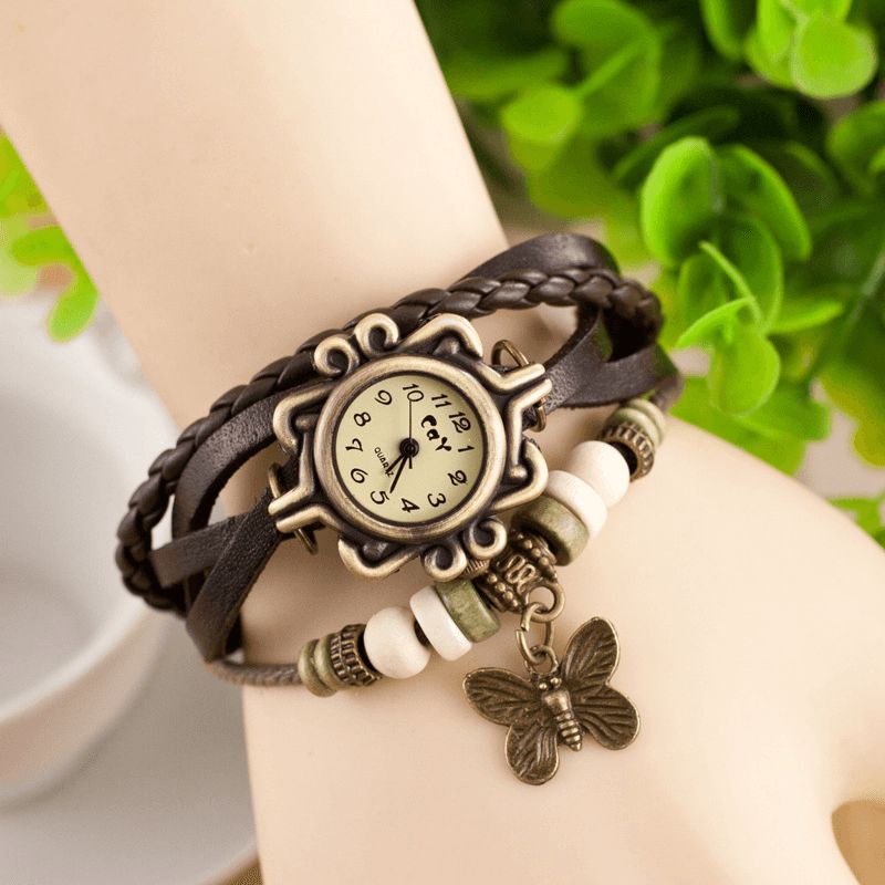 Deffrun Retro Style Multilayer Kvinder Armbånd Watch Butterfly Pendant Quartz Ure