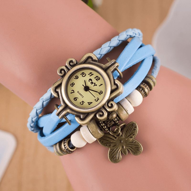 Deffrun Retro Style Multilayer Kvinder Armbånd Watch Butterfly Pendant Quartz Ure