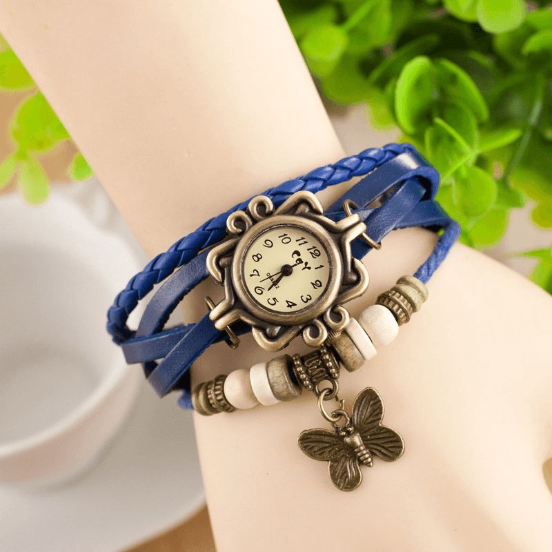 Deffrun Retro Style Multilayer Kvinder Armbånd Watch Butterfly Pendant Quartz Ure