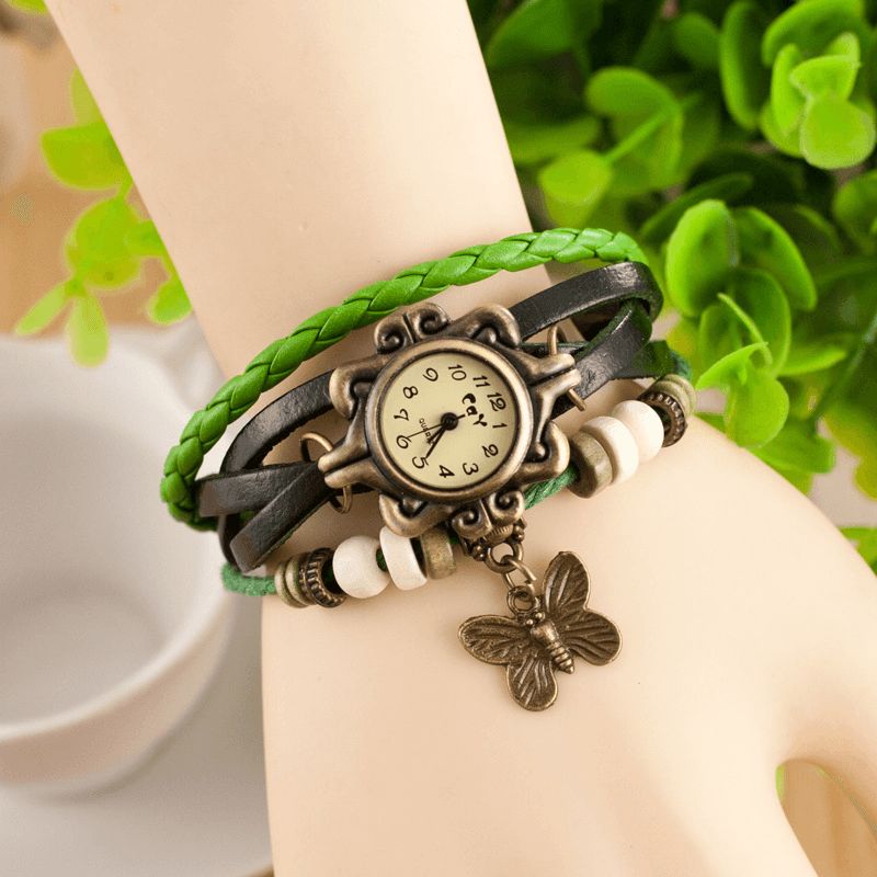 Deffrun Retro Style Multilayer Kvinder Armbånd Watch Butterfly Pendant Quartz Ure