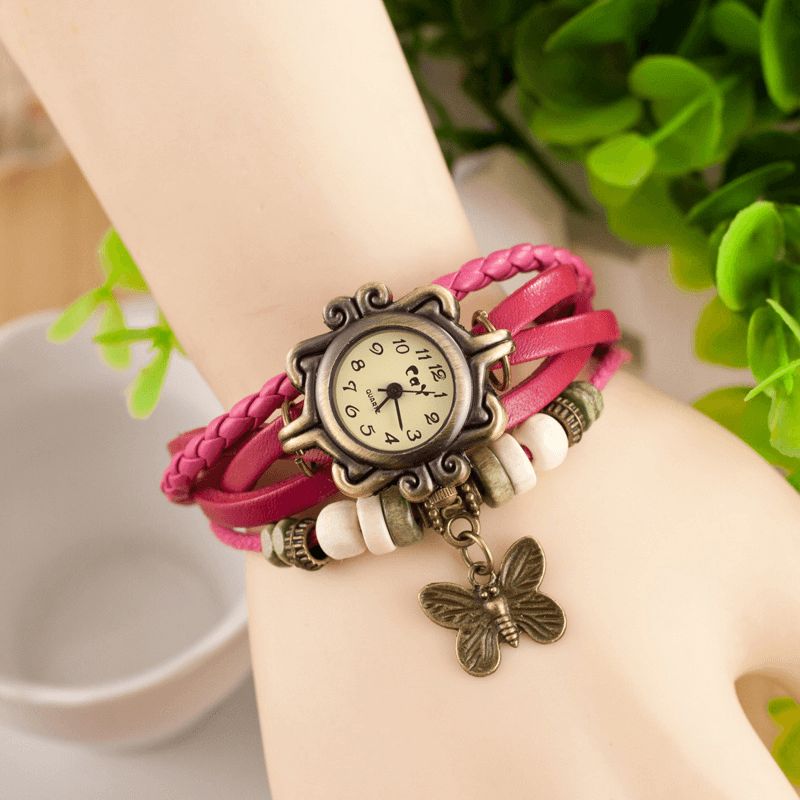 Deffrun Retro Style Multilayer Kvinder Armbånd Watch Butterfly Pendant Quartz Ure