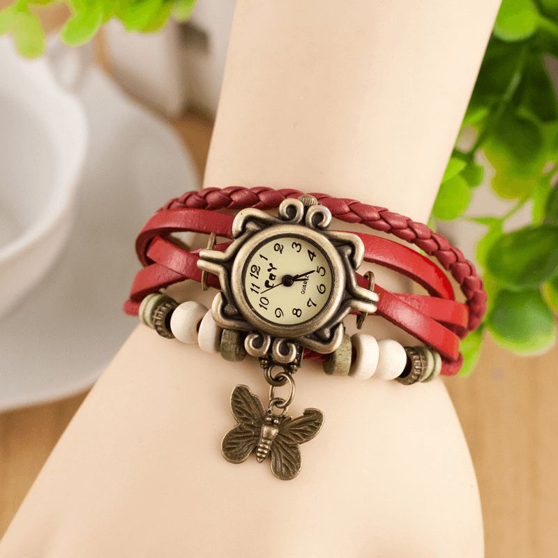 Deffrun Retro Style Multilayer Kvinder Armbånd Watch Butterfly Pendant Quartz Ure